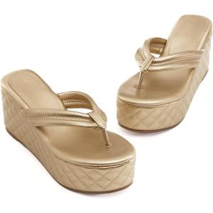imageWomens Platform Wedge Slides Sandals Open Toe Slip on FlipFlops Comfort Summer Beach Casual Wedges ShoesGold