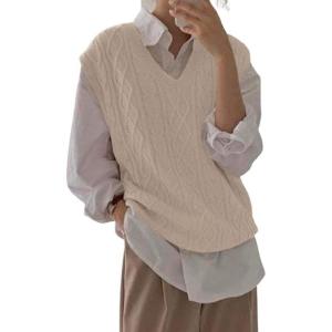imageWomens V Neck Sweater Vest Oversized Sleeveless Loose Knit Tops Cable Sleeveless SweaterBeige