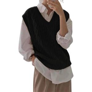 imageWomens V Neck Sweater Vest Oversized Sleeveless Loose Knit Tops Cable Sleeveless SweaterBlack
