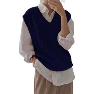 imageWomens V Neck Sweater Vest Oversized Sleeveless Loose Knit Tops Cable Sleeveless SweaterBlue
