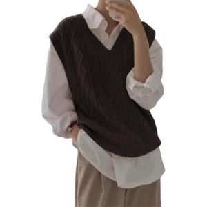 imageWomens V Neck Sweater Vest Oversized Sleeveless Loose Knit Tops Cable Sleeveless SweaterCoffee