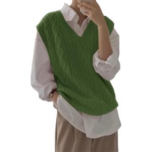 imageWomens V Neck Sweater Vest Oversized Sleeveless Loose Knit Tops Cable Sleeveless SweaterGreen