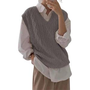 imageWomens V Neck Sweater Vest Oversized Sleeveless Loose Knit Tops Cable Sleeveless SweaterGrey