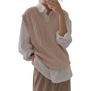 imageWomens V Neck Sweater Vest Oversized Sleeveless Loose Knit Tops Cable Sleeveless SweaterKhaki