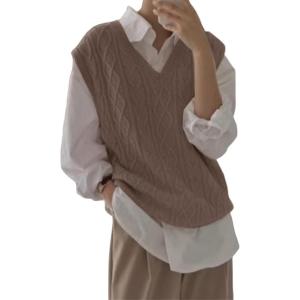 imageWomens V Neck Sweater Vest Oversized Sleeveless Loose Knit Tops Cable Sleeveless SweaterLight Brown