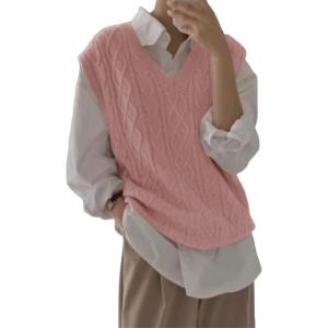 imageWomens V Neck Sweater Vest Oversized Sleeveless Loose Knit Tops Cable Sleeveless SweaterPink