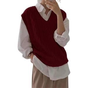 imageWomens V Neck Sweater Vest Oversized Sleeveless Loose Knit Tops Cable Sleeveless SweaterRed