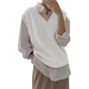 imageWomens V Neck Sweater Vest Oversized Sleeveless Loose Knit Tops Cable Sleeveless SweaterWhite