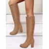 imageJuliet Holy Womens Knee High Boots Chunky Block Heel Wide Calf Round Toe Side Zipper Fashion Dress BootLight Brown