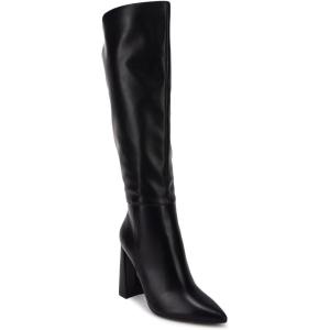 imageJuliet Holy Womens Pointed Toe Kneehigh Boot Wide Calf Chunky Block Side Zipper Gogo BootsBlack