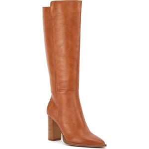 imageJuliet Holy Womens Knee High Boots Stacked Block Heel Wide Calf Closed Pointed Toe Riding BootsBrown
