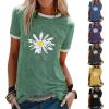 imageWomens Tops Short Sleeve Crewneck Casual Small Daisy Printing Graphic Cotton TShirts