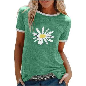 imageWomens Tops Short Sleeve Crewneck Casual Small Daisy Printing Graphic Cotton TShirts