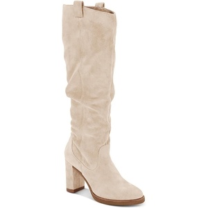 image:imageJuliet Holy Womens Knee High Boots Chunky Block Heel Wide Calf Round Toe Side Zipper Pull On Suede Winter Dress ShoesBeigefaux Suede