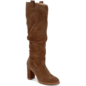 image:imageJuliet Holy Womens Knee High Boots Chunky Block Heel Wide Calf Round Toe Side Zipper Pull On Suede Winter Dress ShoesCoffeefaux Suede