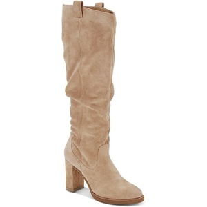image:imageJuliet Holy Womens Knee High Boots Chunky Block Heel Wide Calf Round Toe Side Zipper Pull On Suede Winter Dress ShoesKhaki