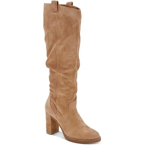 image:imageJuliet Holy Womens Knee High Boots Chunky Block Heel Wide Calf Round Toe Side Zipper Pull On Suede Winter Dress ShoesLight Brown
