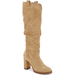 image:imageJuliet Holy Womens Knee High Boots Chunky Block Heel Wide Calf Round Toe Side Zipper Pull On Suede Winter Dress ShoesLight Khaki