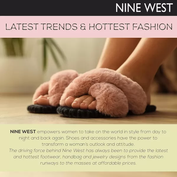 NINE WEST Faux Fur Fuzzy Cross Band Premium Slippers For Women, Open-Toe House Slides