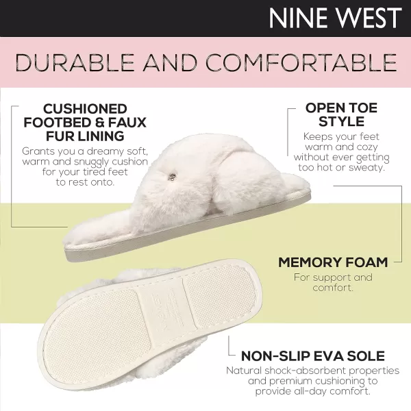 NINE WEST Faux Fur Fuzzy Cross Band Premium Slippers For Women, Open-Toe House Slides