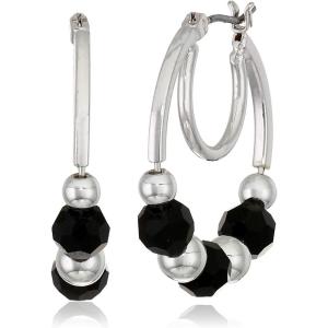 imageNine West Womens Jet Bead Double Hoop Earrings Silver Tone