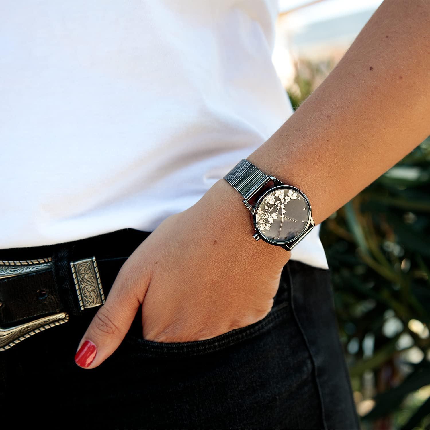 imageNine West Womens Floral Dial Mesh Bracelet WatchSilverGunmetal Grey