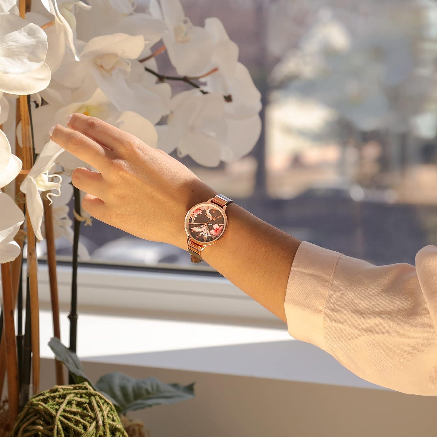 imageNine West Womens Floral Dial Smooth Strap WatchGreyRose Gold