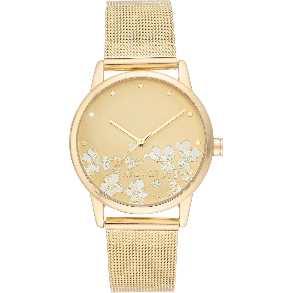 imageNine West Womens Floral Dial Mesh Bracelet WatchGold