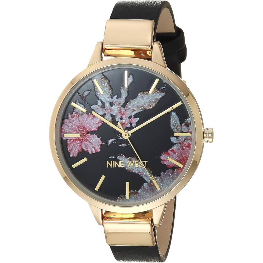 imageNine West Womens Floral Dial Smooth Strap WatchBlackGold