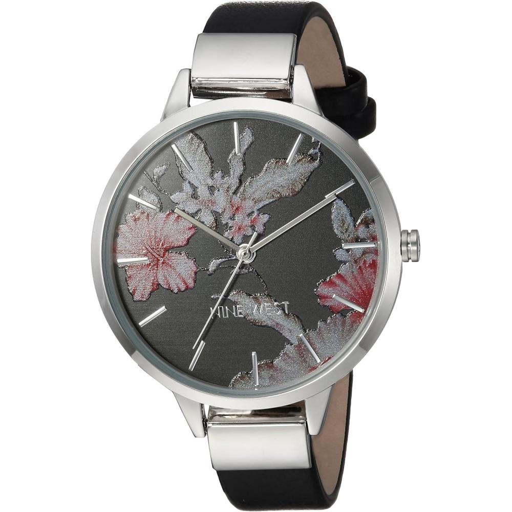 imageNine West Womens Floral Dial Smooth Strap WatchBlackSilver