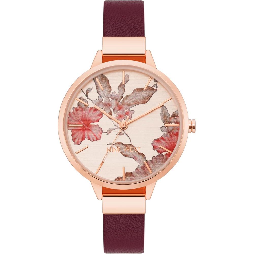 imageNine West Womens Floral Dial Smooth Strap WatchBurgundyRose Gold