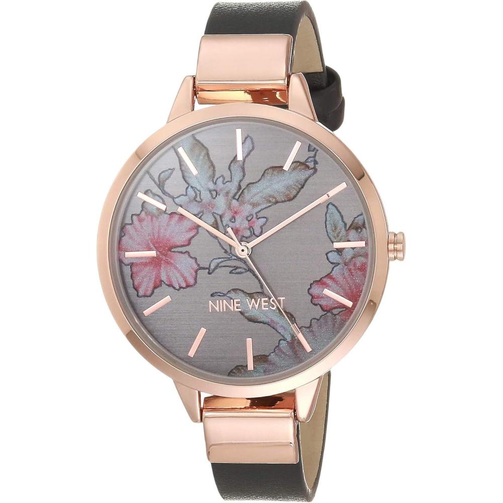 imageNine West Womens Floral Dial Smooth Strap WatchGreyRose Gold