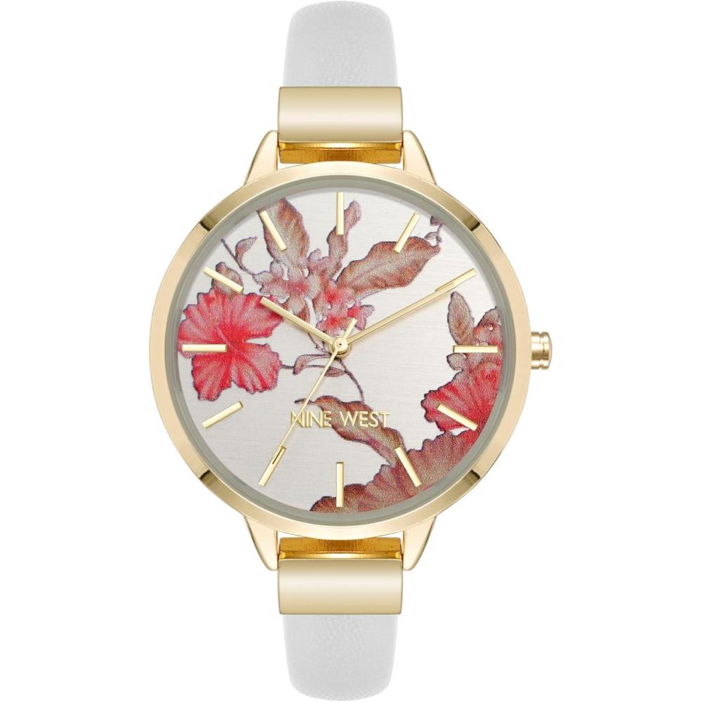 imageNine West Womens Floral Dial Smooth Strap WatchWhiteGold