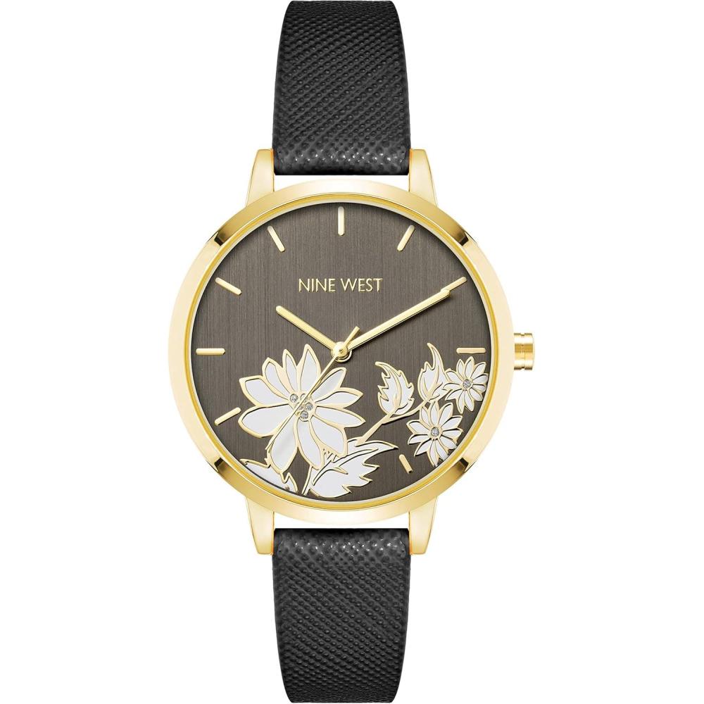 imageNine West Womens Floral Dial Strap Watch NW2284BlackGold