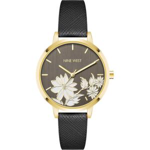 imageNine West Womens Floral Dial Strap Watch NW2284BlackGold