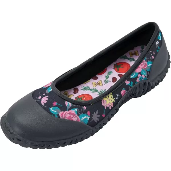 HISEA Flat Rain Shoes for Women Garden Shoes Waterproof Mud Shoes Walking Working Shoes Anti-Slip Black Flower