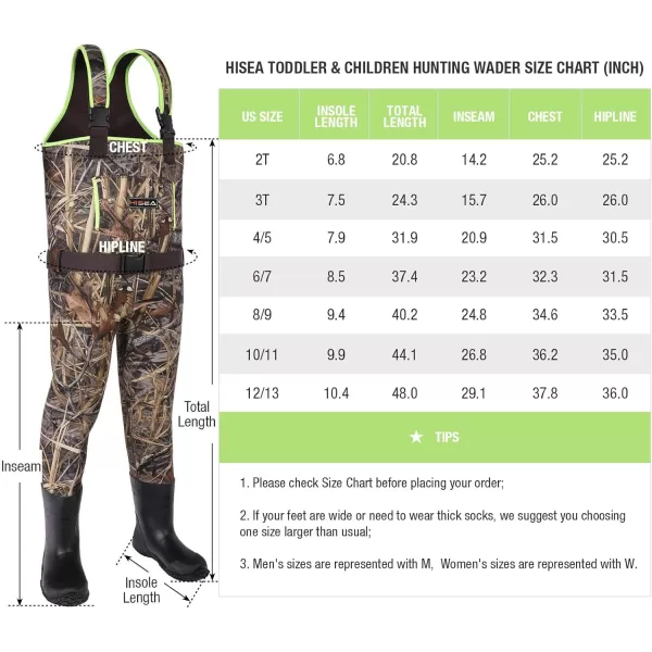 HISEA Kids Chest Waders for Toddler &amp; Children Neoprene Youth Duck Hunting Waders for Kids Boys Girls with Insulated Boots - Green)