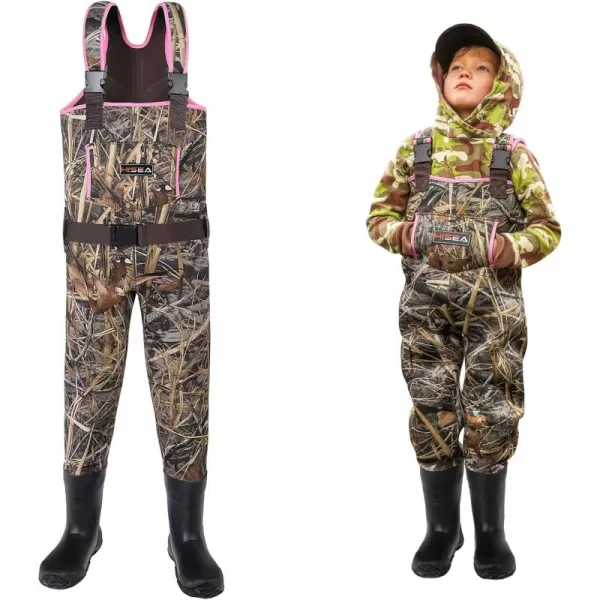 HISEA Kids Chest Waders for Toddler &amp; Children Neoprene Youth Duck Hunting Waders for Kids Boys Girls with Insulated Boots - Pink)