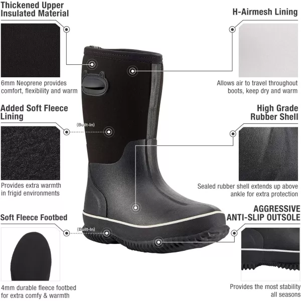 HISEA Kids Rubber Rain Boots Durable Waterproof Insulated Neoprene Rainboot for Boys Girls with Easy-on Handles for All Seasons Outdoor Playing 