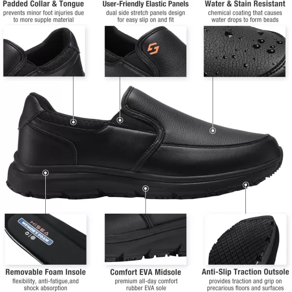 HISEA Men's Leather Non Slip Food Service Shoes, Water &amp; Oil Resistant, Comfortable, Breathable, Lightweight Slip Resistant Shoes for Men, for Kitchen, Restaurant, Slip-on Chef Walking Shoes