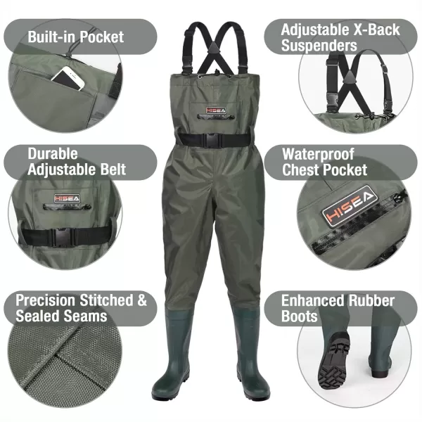 HISEA Upgrade Chest Waders Fishing Waders for Men with Boots Waterproof Lightweight Bootfoot Cleated 2-Ply Nylon/PVC