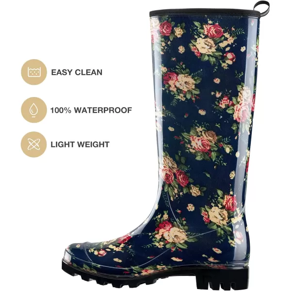 HISEA Women's Rain Boots Waterproof Garden Shoes Colorful Printed Knee High Rubber Boots Anti-Slipping Rainboots for Ladies with Comfort Insole Tall Wellington Rain Shoes