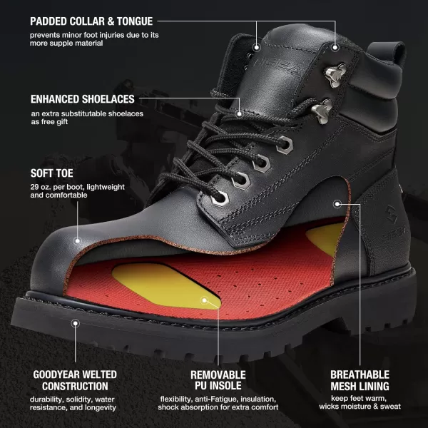 HISEA Work Boots For Men 6 inch Soft/Steel Toe Leather Boots Round-Toe Safety Slip Resistant Construction Work Boots