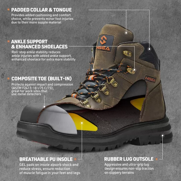HISEA&nbsp;Men's&nbsp;Composite&nbsp;Toe&nbsp;Work&nbsp;Boots Full Grain Safety Leather Boots Slip Resistant Comfortable Impact Resistance Work Boots for Industrial &amp; Construction