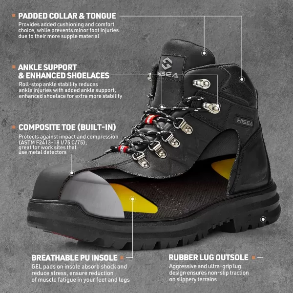 HISEA&nbsp;Men's&nbsp;Composite&nbsp;Toe&nbsp;Work&nbsp;Boots Full Grain Safety Leather Boots Slip Resistant Comfortable Impact Resistance Work Boots for Industrial &amp; Construction