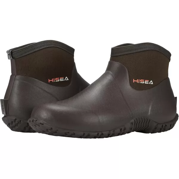 imageHISEA Mens Rain Boots Ankle Height Garden Shoes Waterproof Insulated Rubber Neoprene Mud Boots AntiSlip Outdoor Work Booties for Gardening Farming Camping Fishing and Yard WorkingBrown
