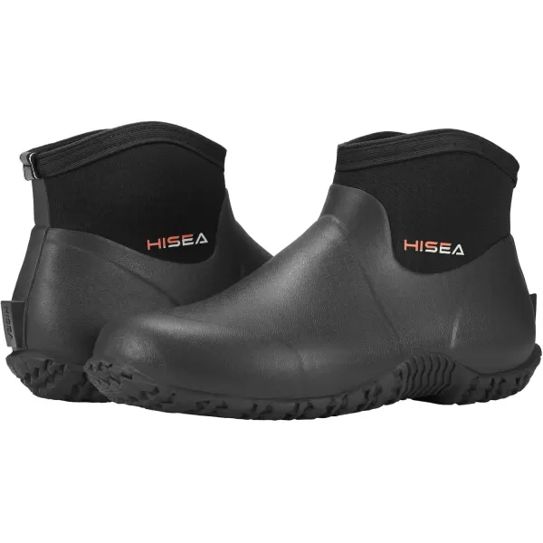 imageHISEA Mens Rain Boots Ankle Height Garden Shoes Waterproof Insulated Rubber Neoprene Mud Boots AntiSlip Outdoor Work Booties for Gardening Farming Camping Fishing and Yard WorkingBlack