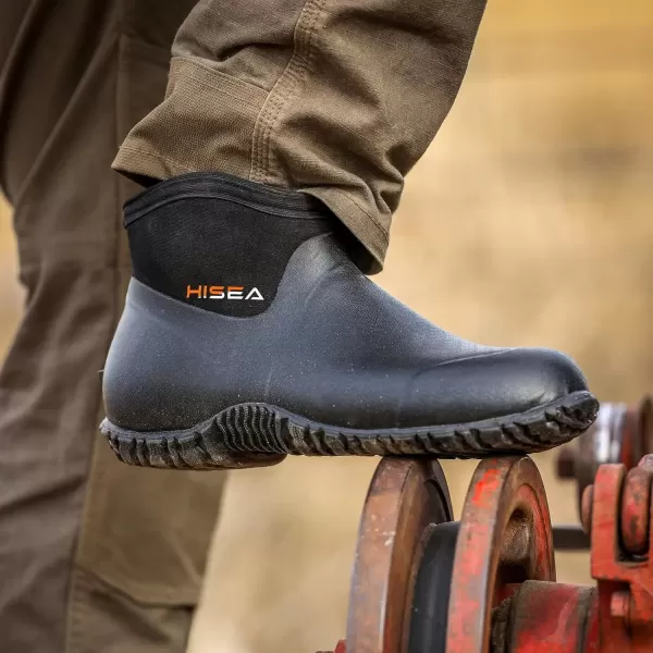 imageHISEA Mens Rain Boots Ankle Height Garden Shoes Waterproof Insulated Rubber Neoprene Mud Boots AntiSlip Outdoor Work Booties for Gardening Farming Camping Fishing and Yard WorkingBlack