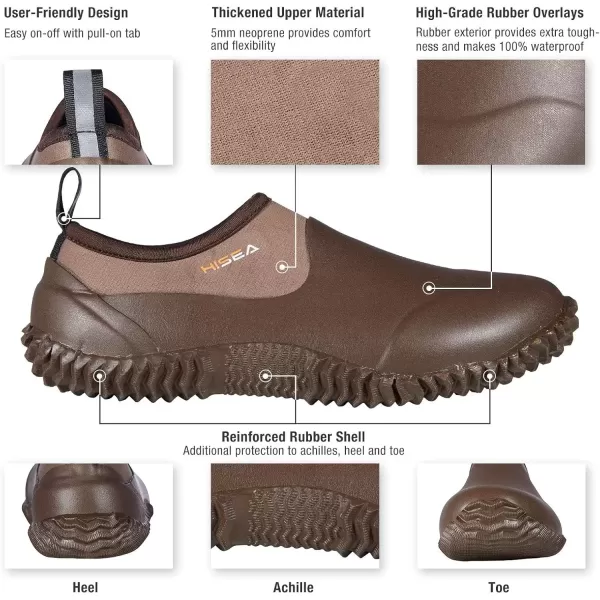 imageHISEA Unisex Waterproof Garden Shoes Mens Ankle Rain Boots Womens SlipOn Footwear Rubber Neoprene Camp Booties Outdoor Rain Shoe for Gardening Farming Camping Car Wash Lawn Care and Yard WorkBrown