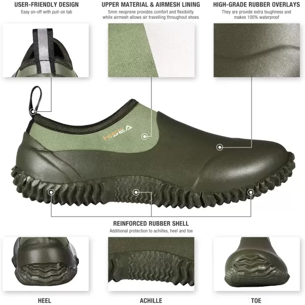 imageHISEA Unisex Waterproof Garden Shoes Mens Ankle Rain Boots Womens SlipOn Footwear Rubber Neoprene Camp Booties Outdoor Rain Shoe for Gardening Farming Camping Car Wash Lawn Care and Yard WorkGreen